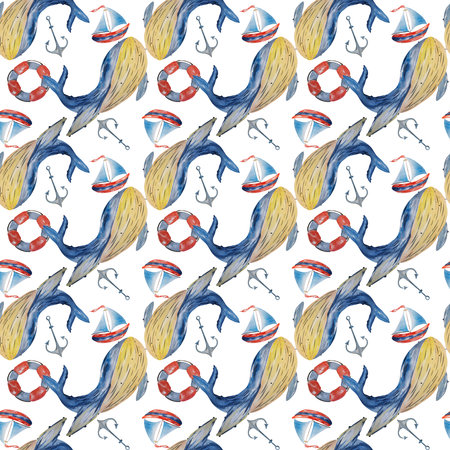 Watercolor composition of a large blue whale on a white background. self made. Can be used on patterns, prints, postcards, napkins, t-shirtsの写真素材