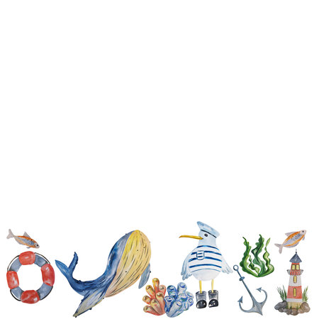 Watercolor composition on a marine theme on a white background. self made. Can be used on patterns, prints, postcards, napkins, t-shirts.の写真素材