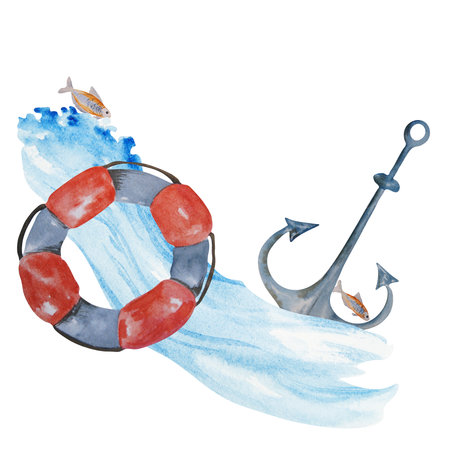 Sea themed watercolor. sea waves. handmade. Can be used on postcards, stickers, labels, stickers.の写真素材