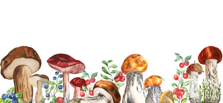 Watercolor drawing of a frame of mushrooms on a white background. Self made. Can be used in the design of compositions, cards, napkins, embroidery.の写真素材