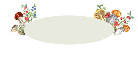 Watercolor drawing of a frame of mushrooms on a white background. Self made. Can be used in the design of compositions, cards, napkins, embroidery.の写真素材