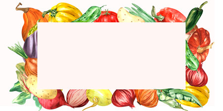 Frame of vegetables on a white background. Watercolor. Handmade. Can be used on packaging, in compositions, stickers.の写真素材