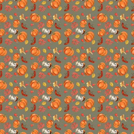 Watercolor pattern of pumpkin, mushrooms, berries on a colored background. Handmade. Can be used on napkins, textiles, fabric, wrapping paperの写真素材