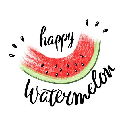 Happy watermelon day and red juicy slice of tasty watermelon with seed poster on white background. Greeting card, print for textileの写真素材