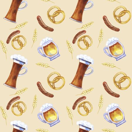 Seamless pattern Octoberfest hand drawn watercolor festival symbols. Full glass and mug of beer with foam, barley, pretzel, sausage on beige background. Oktoberfest  design for wrapping, wallpaper, textile, greeting cards and posterの写真素材