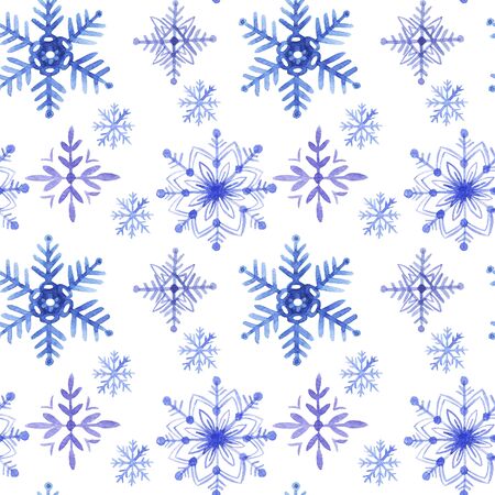 Pattern seamless hand drawn watercolor blu violet freezing snowflakes isolated on white background.  Design for seasons greeting cards or gift wrapping, wallpaper.の写真素材