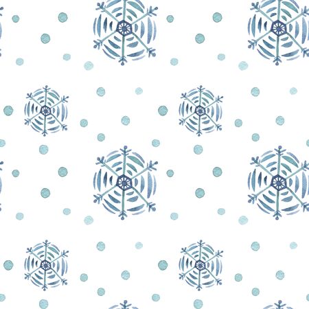 Pattern seamless hand drawn watercolor blu green freezing snowflakes and circle isolated on white background.  Design for seasons greeting cards or gift wrapping, wallpaper.の写真素材