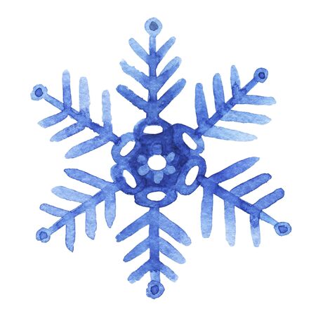 Hand drawn watercolor blu snowflake isolated on white background. Holiday traditional decoration, sign of winter, cold weather. Can be used for print, textile, cards, invitationの写真素材