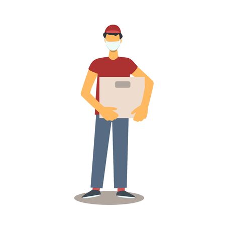 Courier in uniform and medical mask with package isolated on white background. Vector flat illustration, design online express delivery service concept. Template for website, print, bannerのイラスト素材