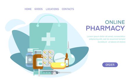 Medical supplies, bottles liquids, bag, syringe, enema, pills vector flat illustration. Pharmacy purchases. Drugstore Concept. Delivery online pharmacy. Template landing page, banner, cardのイラスト素材
