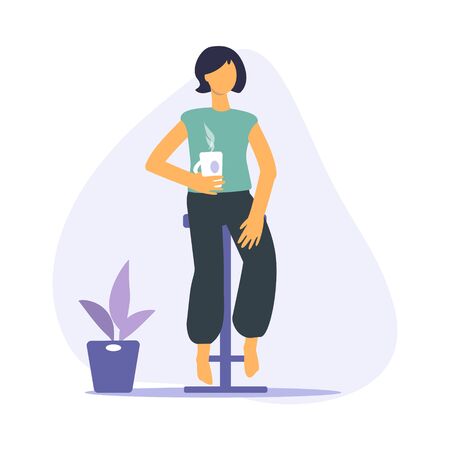 Woman sitting on chair with cup, houseplant isolated on blue background. Vector flat illustrationのイラスト素材