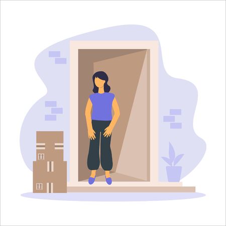 Young woman receiving cardboard boxes. Vector flat illustration concept for delivery service, e-commerce. Receiving package to customer. Delivery parcel to door.のイラスト素材