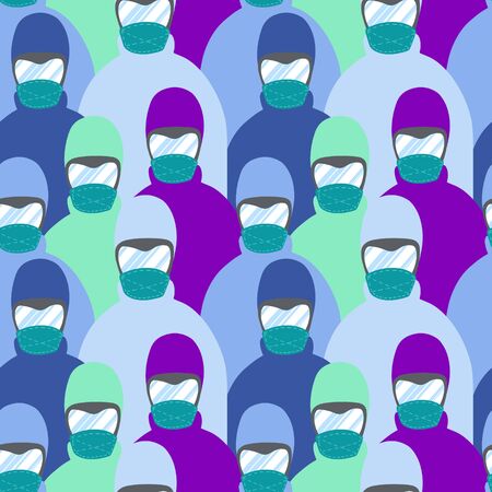 Vector flat illustration. Colorfull Doctors with mask seamless pattern. Concept of medical diagnostic, analiz. Design element for medicine banner, textile, poster, wallpaperのイラスト素材