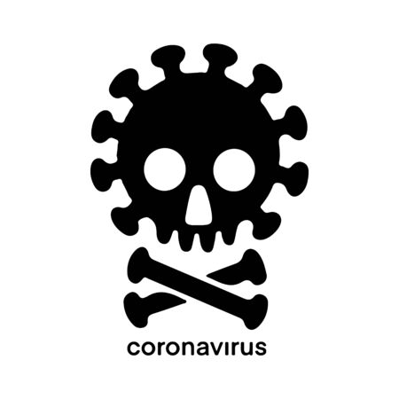 Flat vector illlustration silhouette black Coronavirus with skull, crossed bones isolated on white background. Global epidemic of 2019-nCoV Coronavirus caution concept. Dangerous outbreakのイラスト素材