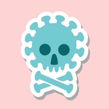 Flat vector illlustration sticker green skull, crossed bones Coronavirus isolated on pink background. Global epidemic of 2019-nCoV Coronavirus caution concept. Dangerous outbreak of disease.のイラスト素材