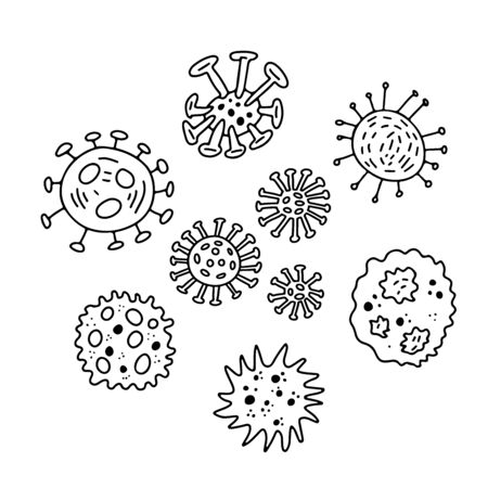 Hand drawn doodle Coronavirus   isolated on white background. Global epidemic of 2019-nCov coronavirus. Concept of coronavirus quarantineのイラスト素材