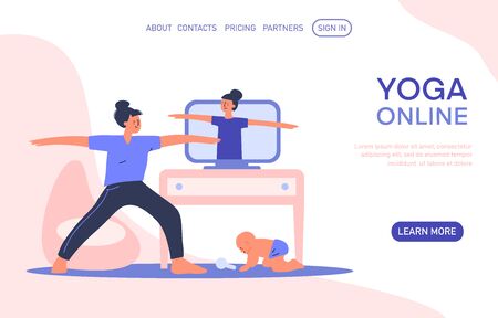 Women cartoon character practicing yoga and fitness, healthy lifestyle, online yoga at home. Online on laptop workout concept. Vector flat illustration for landingpage, banner, web siteのイラスト素材