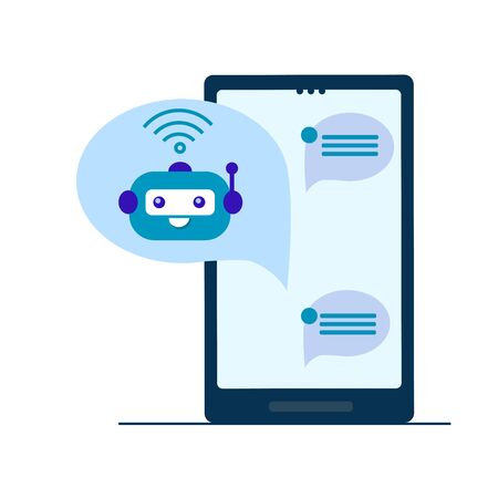 Chatbot in green speech bubble with phone isolated on white background. Chatbot business concept. Cute robot icon for support service. Vector flat illustration. Design for banner, landing page, site.のイラスト素材