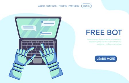 Free bot landing page template. Online assistant with laptop. Technical support design for web page. Virtual help website. Vector flat cartoon illustration for bannerのイラスト素材