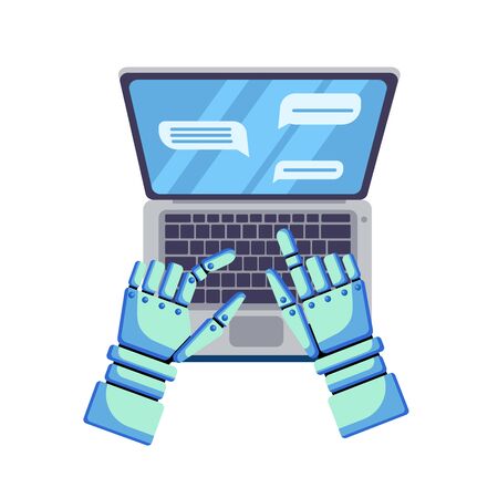 Chat bot typing on laptop isolated on white background. Online assistant with laptop. Technical support design for web page. Virtual help website. Vector flat cartoon illustration for bannerのイラスト素材