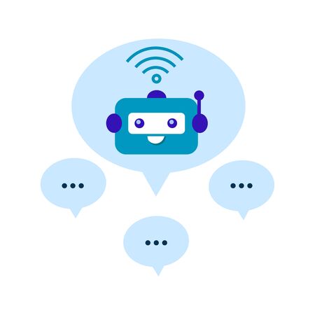 Chatbot in blue speech bubble isolated on white background. Chatbot business concept. Cute robot icon for support service. Vector flat illustration. Design for banner, landing page, site.のイラスト素材
