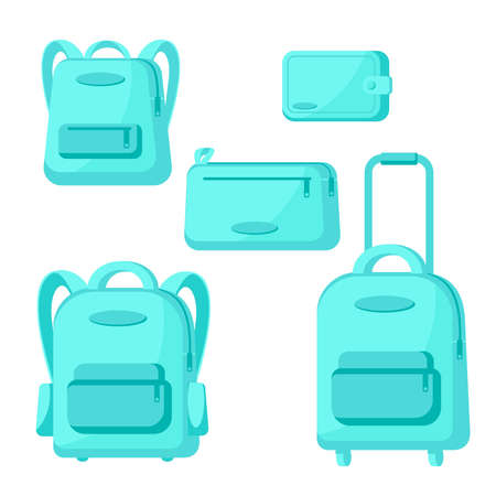 Set of travel bags, suitcase, backpacks, clutch isolated on white background. Vector icons in flat style illustration. Voyage baggage design for banner, sale, store, shopのイラスト素材