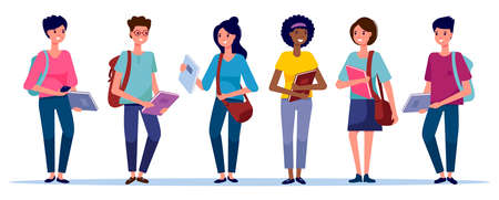 Happy group of students different race standing isolated on white background. Smiling young people with backpacks, bags and books. Vector illustration in flat style. Education and youth conceptのイラスト素材