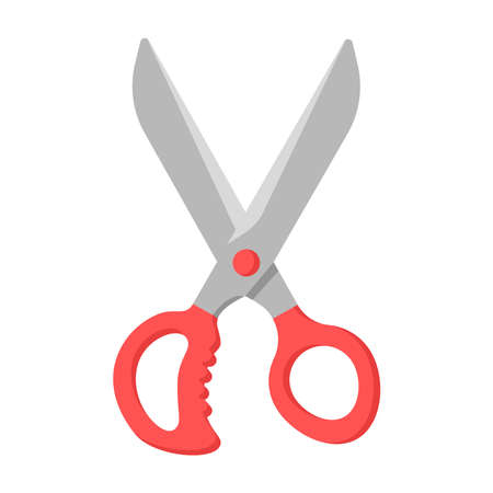 Open scissor with red plastic handles isolated on white background icon. School tool. Stationery items. Vector flat illustrationのイラスト素材