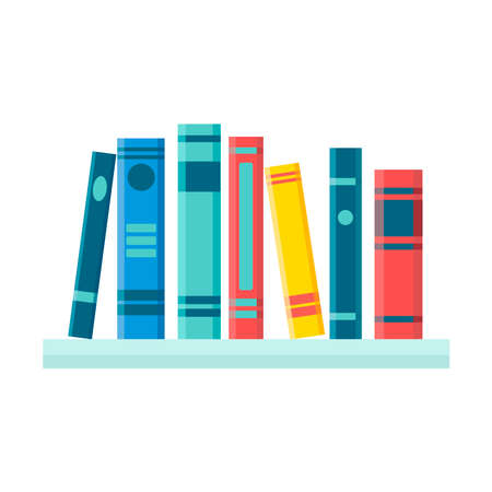 Bookshelf with colorful books isolated on white background. Vector flat illustration. Reading, education, e-book, literature, encyclopedia. Tamplate for card, bannerのイラスト素材
