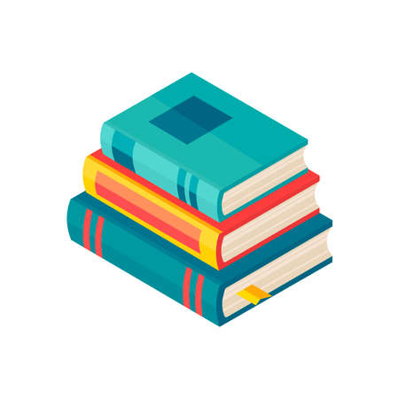 Stack of paper books with colorful hard cover in isometric. Vector flat illustration. Pile of literature with bookmark isolated on white background. Design for education or reading concept.のイラスト素材