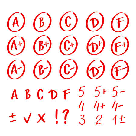 Hand drawn sketches of red grade notes and results isolated on white background. Test exam mark report.のイラスト素材