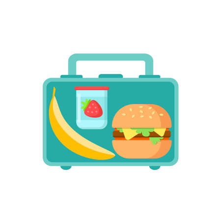 Lunch Box with school snack food banana, tasty sandwich and yogurt with strawberry isolated on white background. Colored healthy meals storage. Vector flat illustrationのイラスト素材