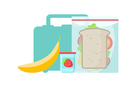 Lunch box and school snack food banana, tasty sandwich, yogurt with strawberry isolated on white background. Colored healthy meals storege. Vector flat illustrationのイラスト素材