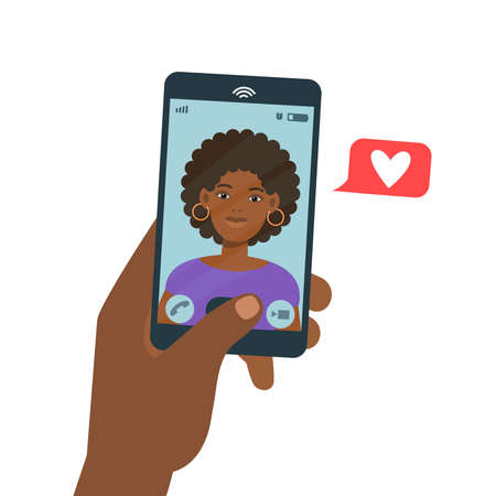 African man hand holding mobile phone, video call, conversation with girlfriend on screen. Face of girl on screen isolated. Vector flat illustration. Social relations on distance conceptのイラスト素材