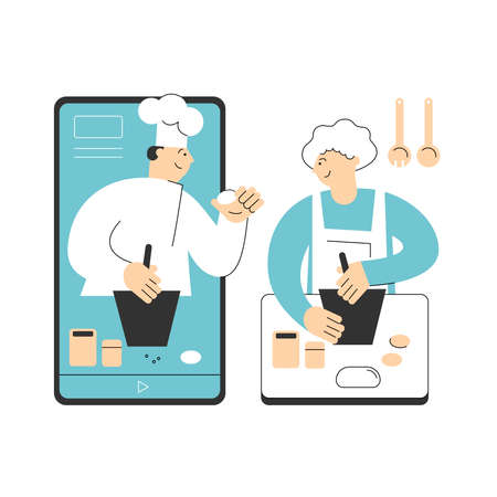 Man chef teaches cooking bakery product. Woman watches a video recipe on the phone and prepares food at home in the kitchen. Concept of online recipes, home cooking. Vector flat illustrationのイラスト素材
