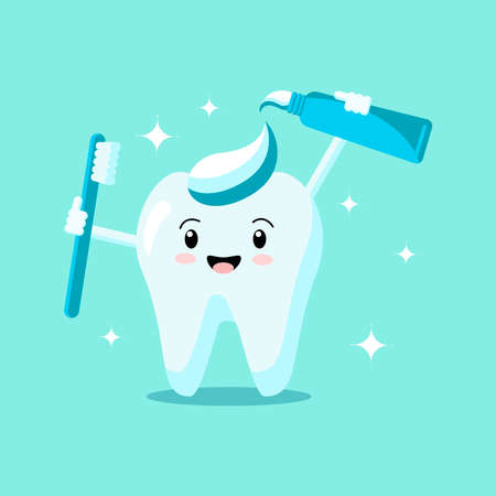 Cute cartoon tooth with toothbrush and toothpaste smiles and shines isolated on green background....