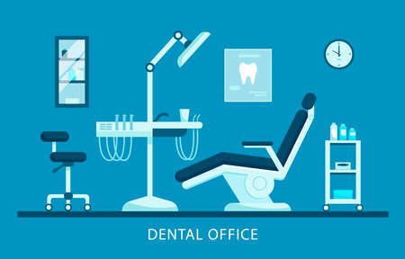 Dental room interior with dentist chair, lamp and drilling machine vector illustration. Hospital interior with dentist workplace. Dental office concept. Design for banner, poster.のイラスト素材
