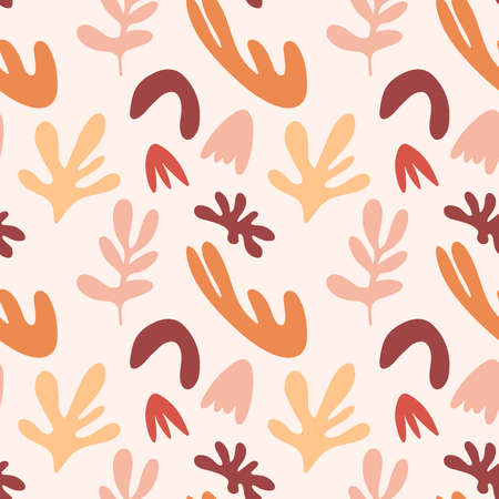 Seamless pattern with branches of leaves, shapes, flowers isolated on white background. Silhouette vector illustration. Design for textile, wrapping, backdrop, bannerのイラスト素材