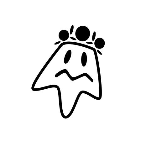 Hand drawn sketch of ghost with flower wreath isolated on white background. Happy Halloween scary ghost. Vector doodle illustration. Design for greeting card, poster, printのイラスト素材