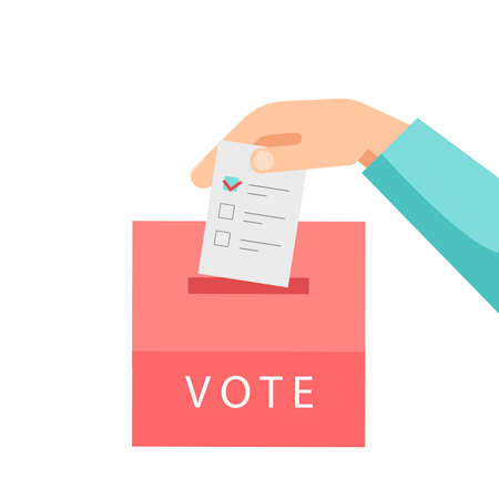 Hand putting vote bulletin into vote box isolated on white background. Vector flat illustration. Election concept. Design for for, landing page, web, ui, banner, flyer, poster, template, backgroundのイラスト素材