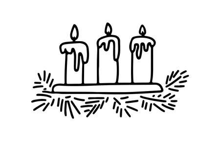 Hand drawn doodle Xmas candles party background with branches of tree isolated on white. Vector outline illustration. Design for Xmas holiday cards, banners, posters, web design.のイラスト素材