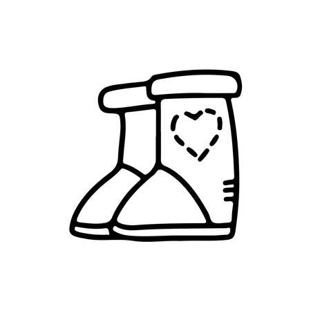Hand drawn doodle winter boots with heart isolated on white background. Vector outline illustration. Design for greeting card, flyer, banner, saleのイラスト素材