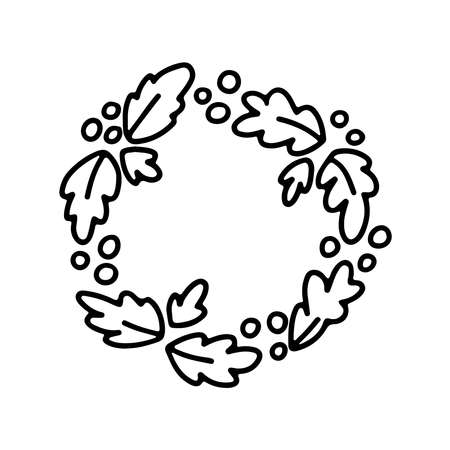 Hand drawn doodle wreath with christmas leaves and barries isolated on white background. Vector flat illustration. Design for Xmas holiday cards, banners, posters, web design.のイラスト素材