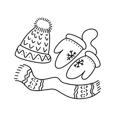 Hand drawn doodle winter hat with pompom, mittens with snowflakes, scarf isolated on white background. Vector outline illustration. Design for greeting card, flyer, banner, marketのイラスト素材