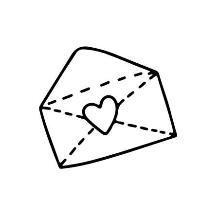 Hand drawn doodle envelop with heart isolated on white background. Vector flat illustration. Design for holiday cards, banners, Valentines day, posters, web design.のイラスト素材