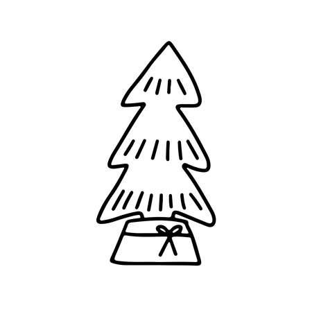 Hand drawn doodle fir tree with bow isolated on white background. Conifer sketch. Vector illustration. Design for print, banner, greeting cardのイラスト素材