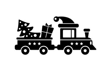 Black silhouette toy train and wagon with Christmas gift, tree, hat isolated on a white background. Vector flat illustration. Design for banner, greeting card, for info graphic Happy New Yearのイラスト素材