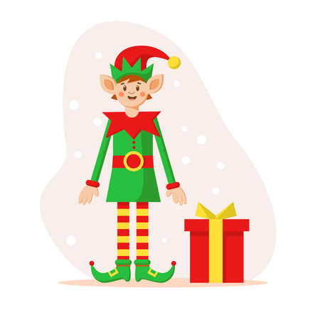 Happy Merry Christmas elf cartoon character with gift box and snowflakes. Vector flate illustration....