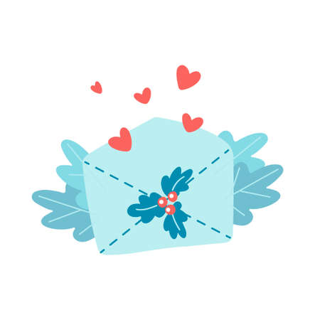 Hand drawn Christmas envelope with love message, leaves, berry, hearts isolated on white background. Vector flat illustration. Design for greeting card, banner, web, stickerのイラスト素材