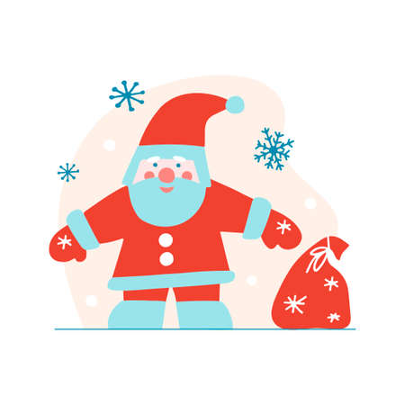 Hand drawn Christmas clipart with Santa Claus, bag of gifts, snowflakes on beige background. Vector flat illustration. Design for greeting card, banner, web, sticker, posters, gift tags and labelsのイラスト素材